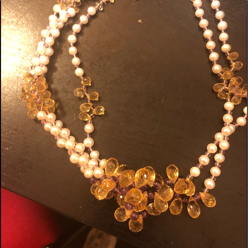 Pearl  citrin and ruby 14 k necklace